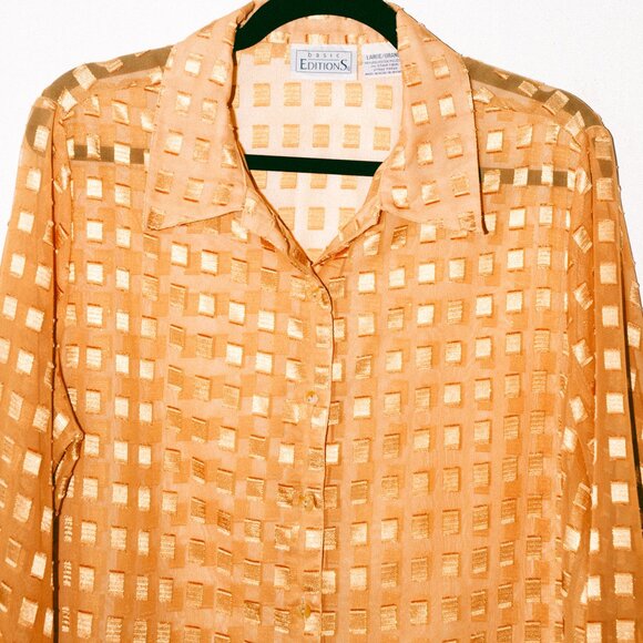 Vintage 90s Basic Edition Sheer Gold Long-Sleeve Blouse w/ Textured Squares - Picture 2 of 6